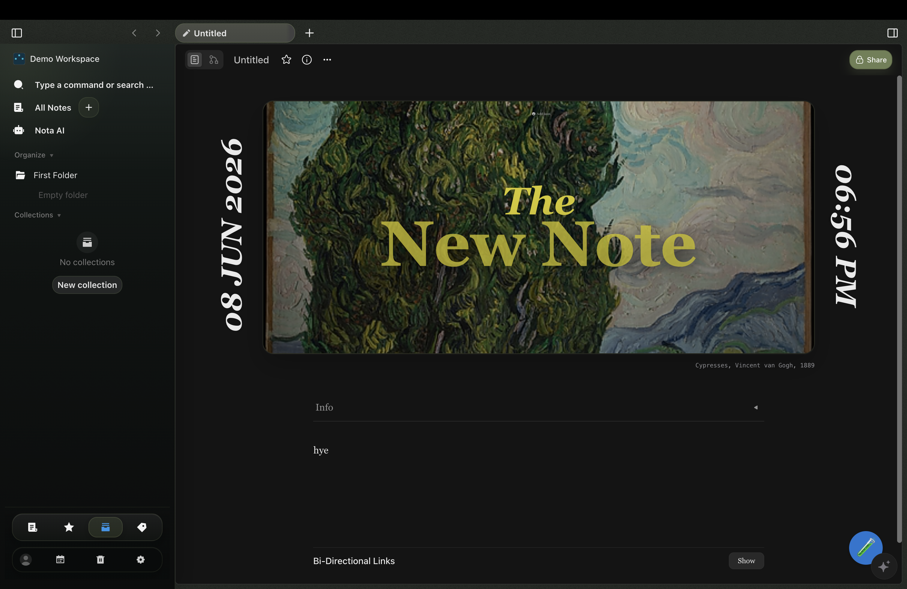 Nota workspace cover and note view