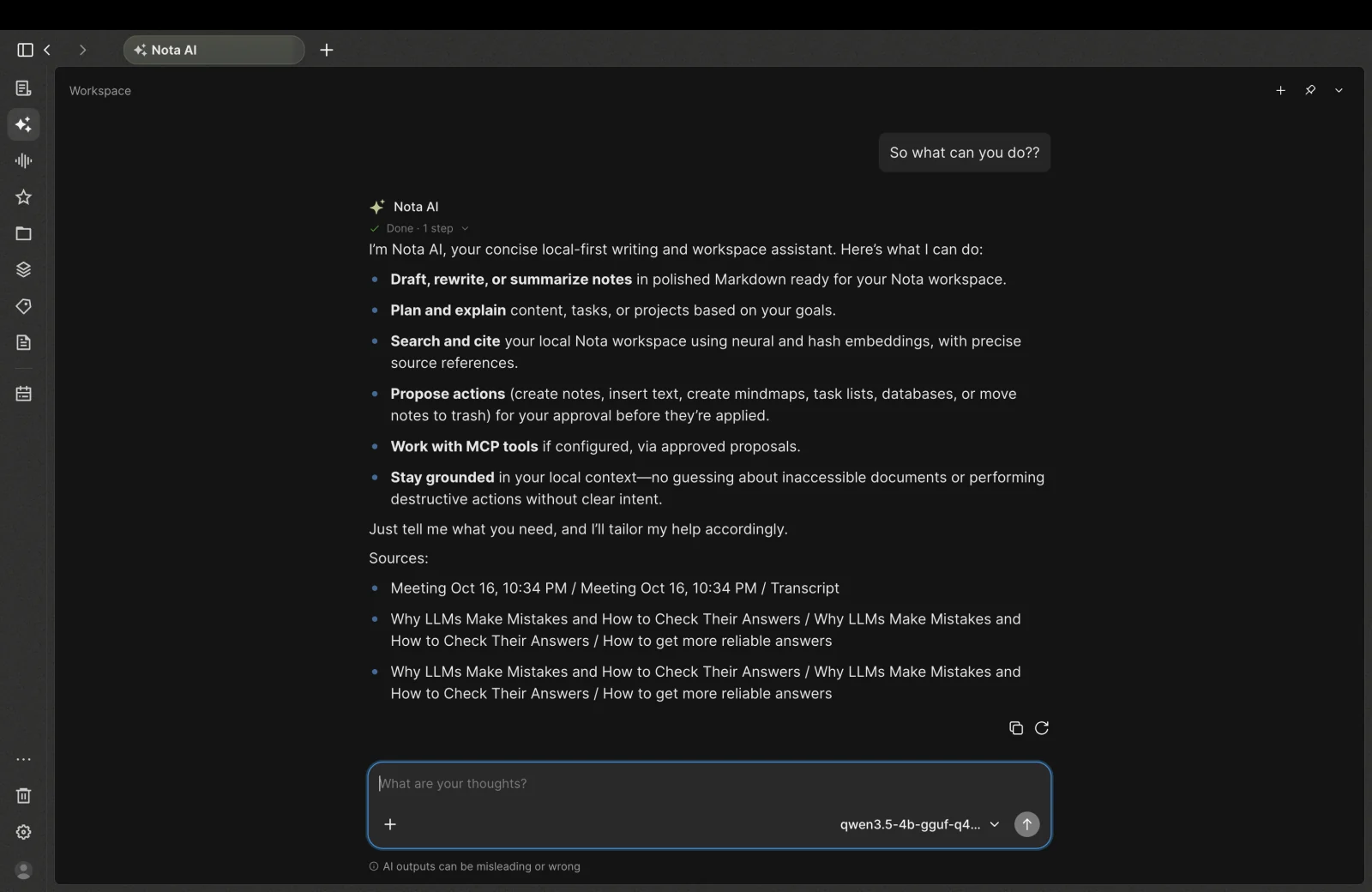 Nota AI showing a workspace-grounded response with source references.