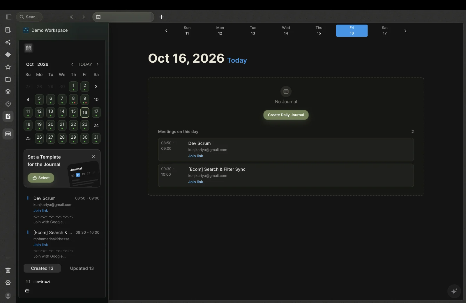 Nota calendar week view with a selected day, meeting list, and daily journal prompt.