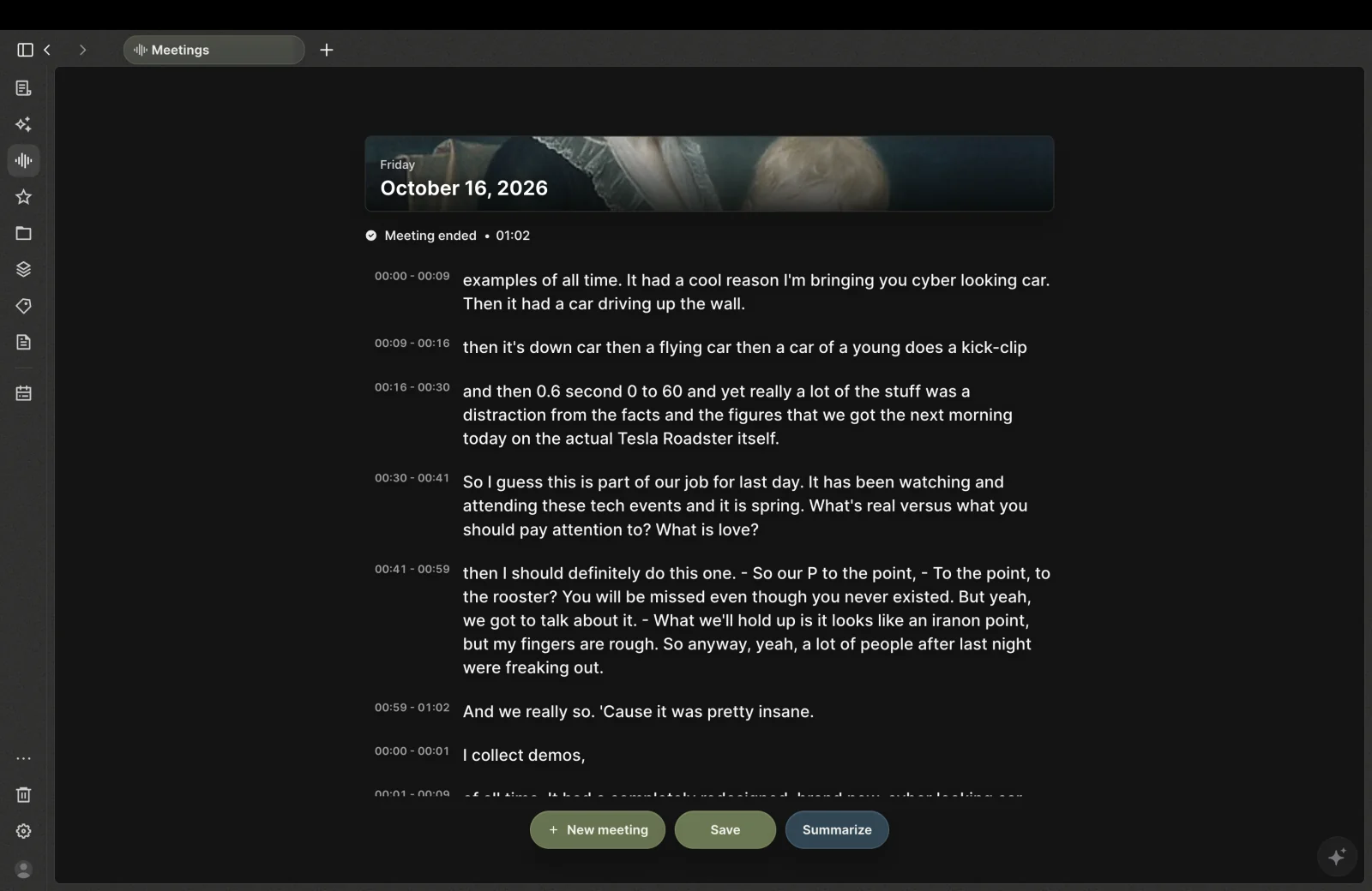 Nota meeting view showing a saved transcript with timestamps and meeting actions.